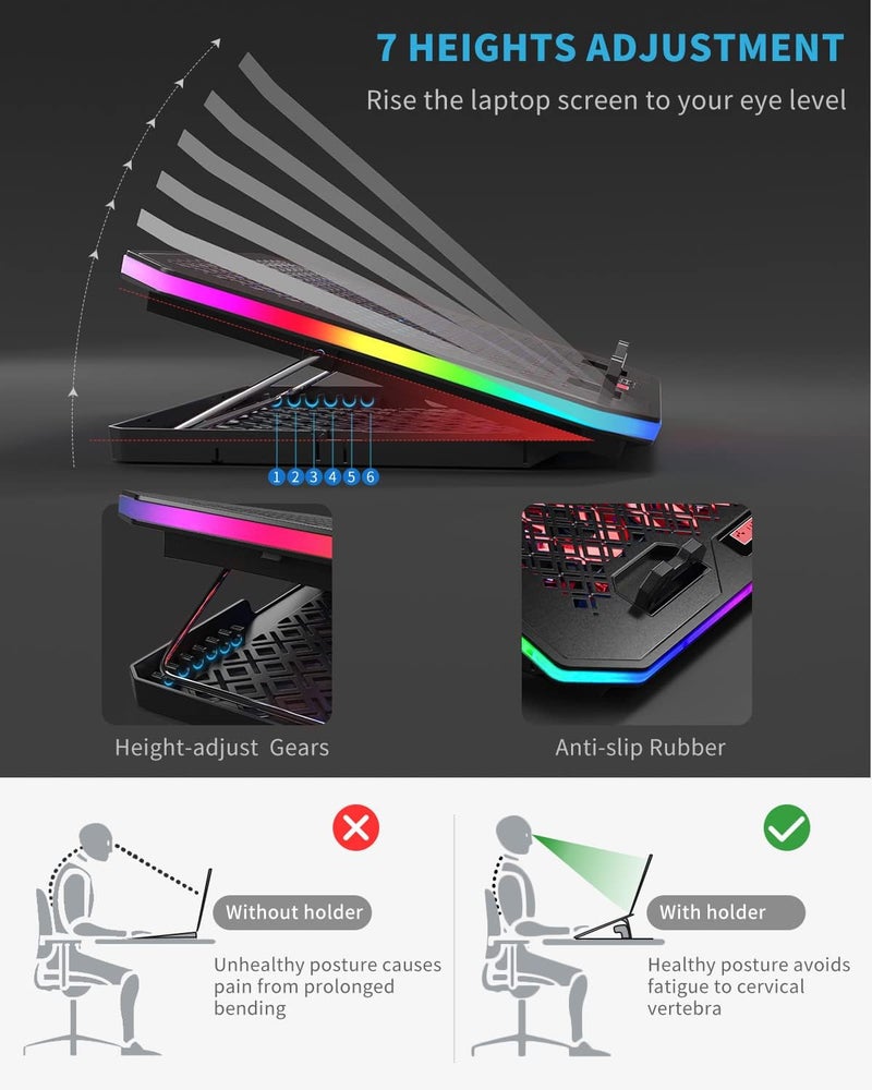 KeiBn Laptop Cooling Pad, RGB Lights Laptop Cooler 6 Fans for 15.6-17.3 Inch Laptops, 7 Height Stands, 10 Modes Light, 2 USB Ports, Desk or Lap Use (A8,Red) - Image 4